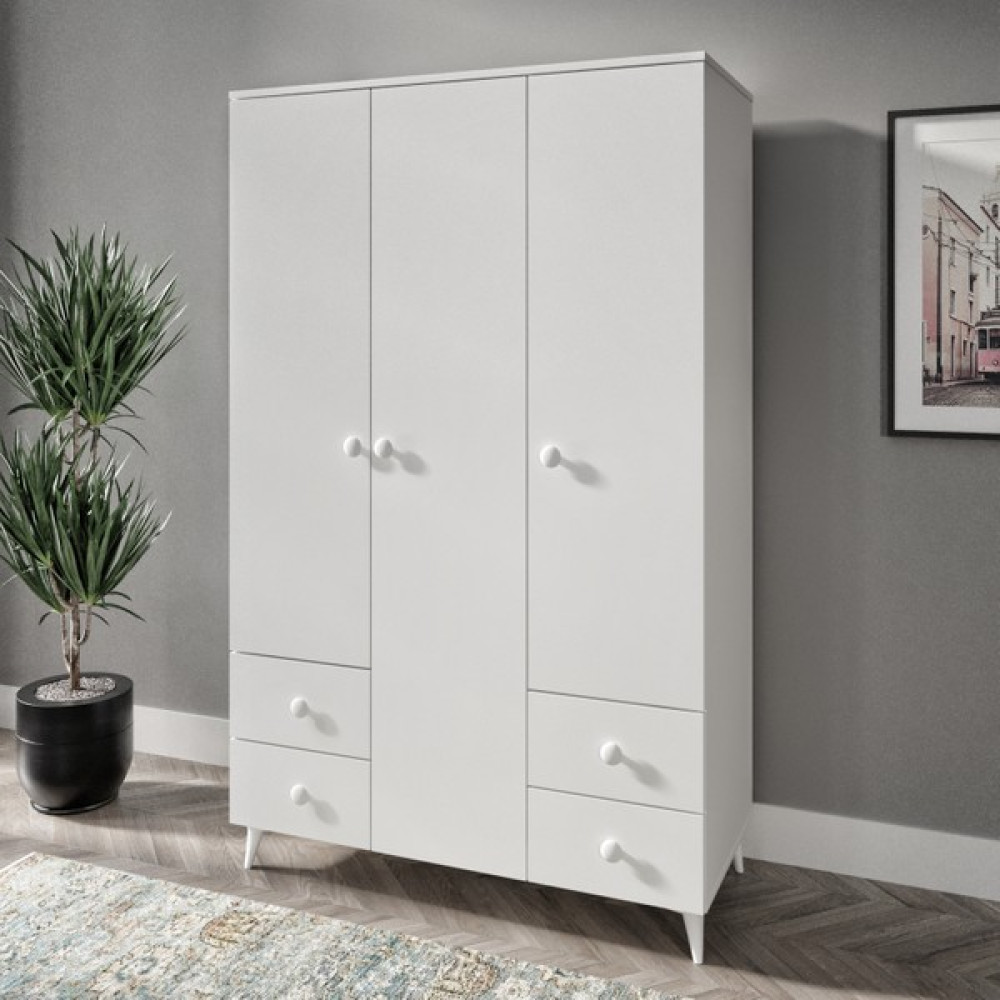 Kzn Home Nova 3 Kapaklı 4 Çekmeceli Beyaz Gardırop - Tamamı 1. Mdf Gardrop & Dolap Fiyatı