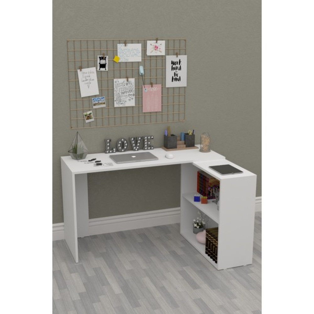 L Çalışma Masası 145CM Bilgisayar Masası Dolaplı Kitaplıklı - 145 x 90 x 75 cm - Beyaz Çalışma Masası Fiyatı