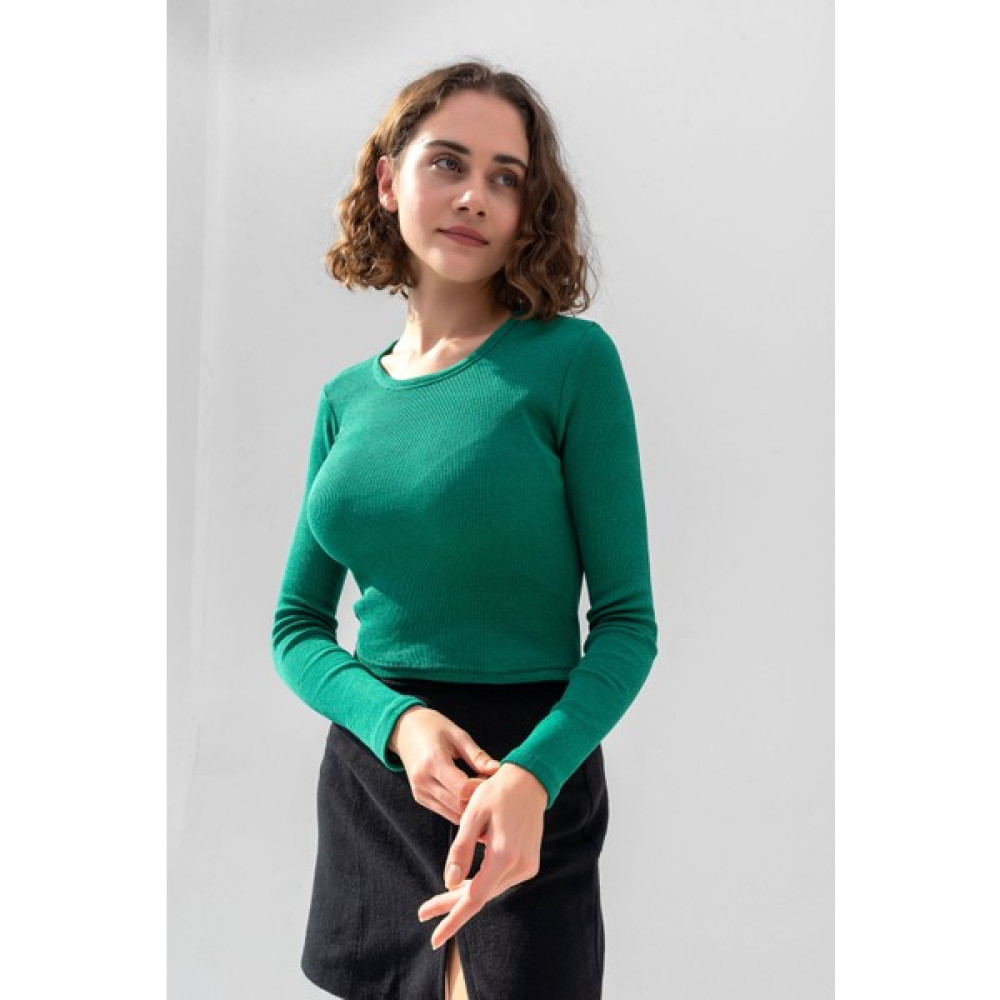 la & vetta Çimen Yeşili Uzun Kollu Fitilli Bluz Crop Örme T-Shirt Bluz Fiyatı