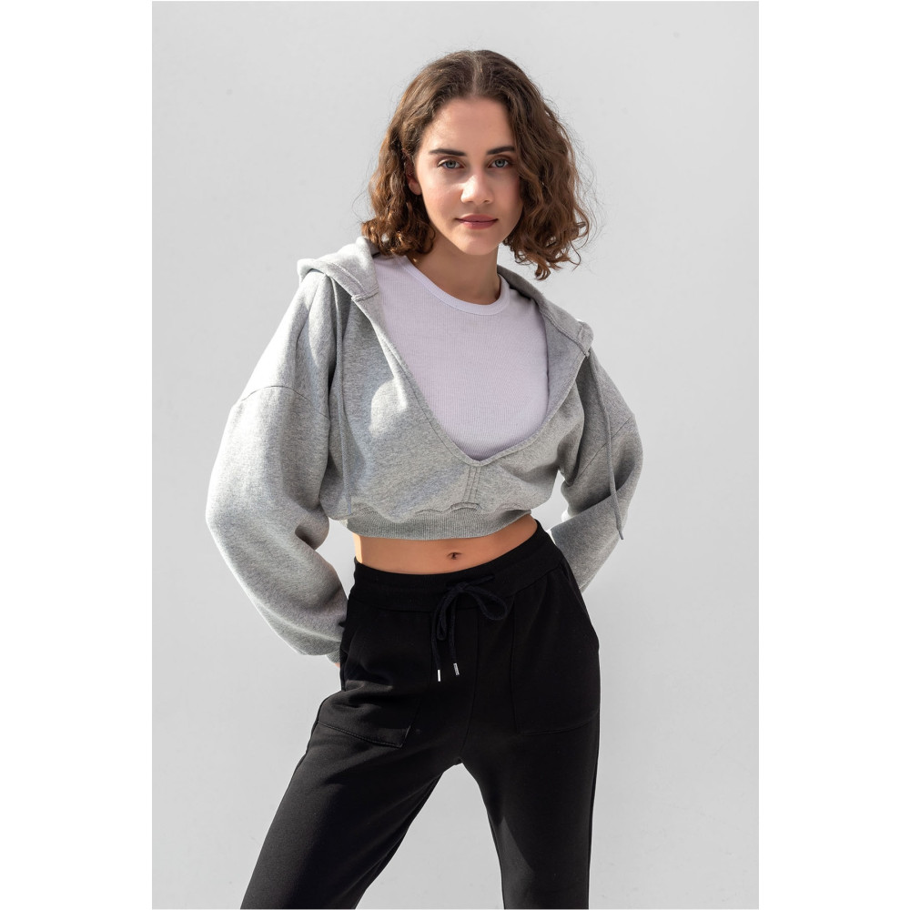 la & vetta Gri Kapüşonlu V Yaka Crop Kalın Içi Polarlı Örme Sweatshirt S Beden Bayan Sweatshirt Fiyatı