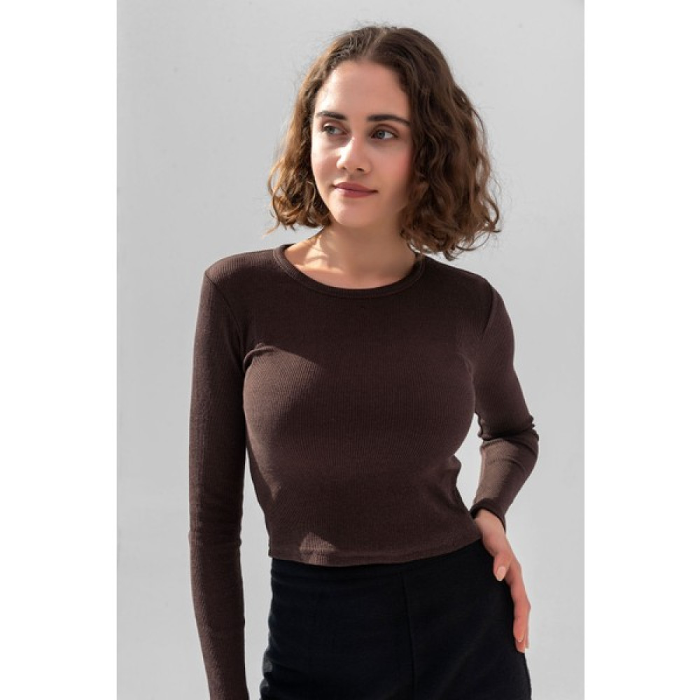 la & vetta Koyu Kahve Uzun Kollu Fitilli Bluz Crop Örme T-Shirt Bluz Fiyatı