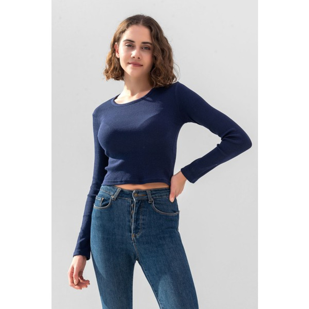 la & vetta Koyu Lacivert Uzun Kollu Fitilli Bluz Crop Örme T-Shirt Bluz Fiyatı