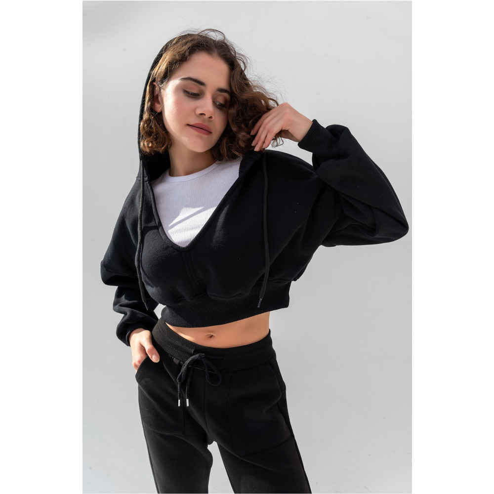 la & vetta Siyah Kapüşonlu V Yaka Crop Kalın Içi Polarlı Örme Sweatshirt S Beden Bayan Sweatshirt Fiyatı