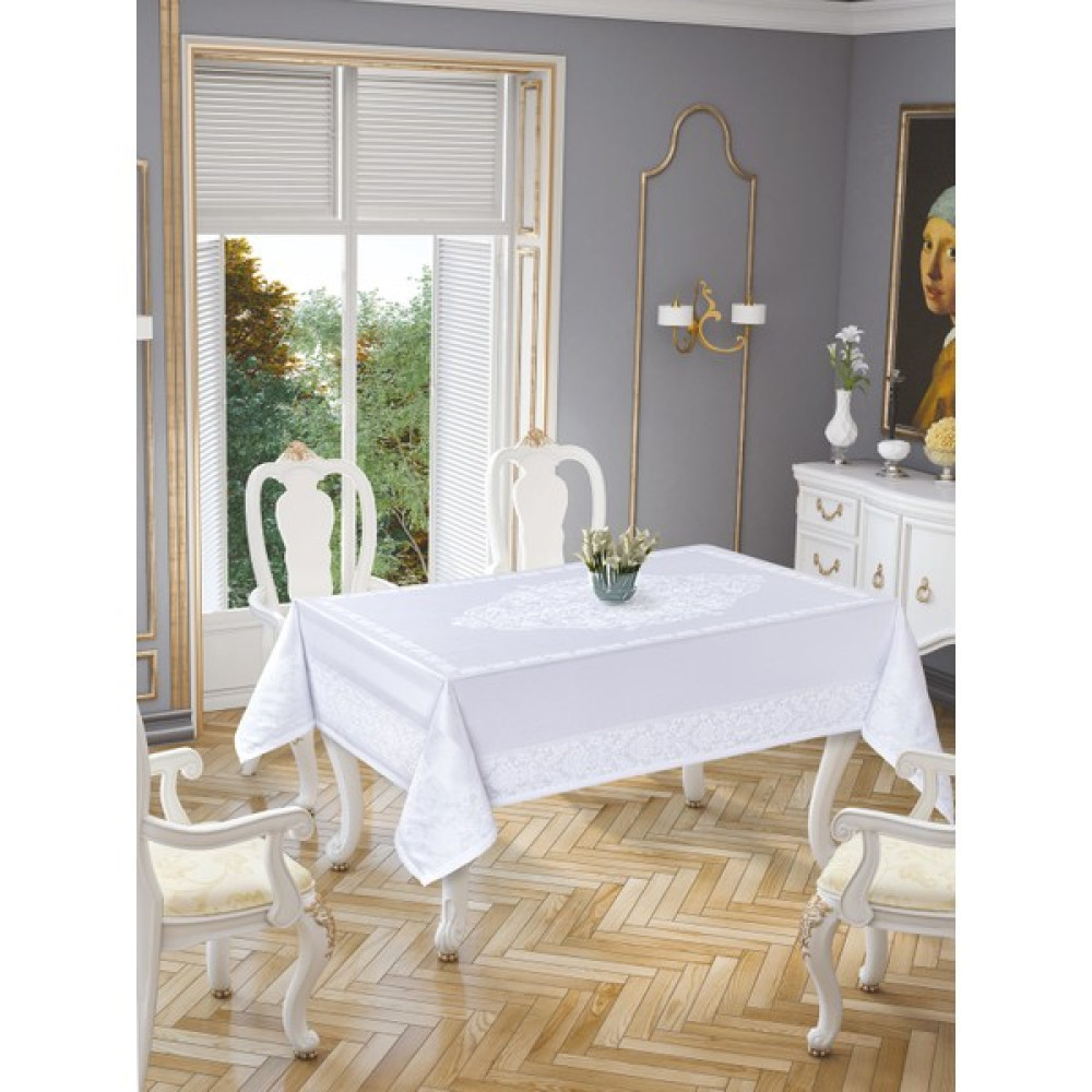 LA8127 Gold Etamin Damask Leke Tutmaz Beyaz Masa Örtüsü 150x220 cm - 150 x 220 cm Masa Örtüsü Fiyatı