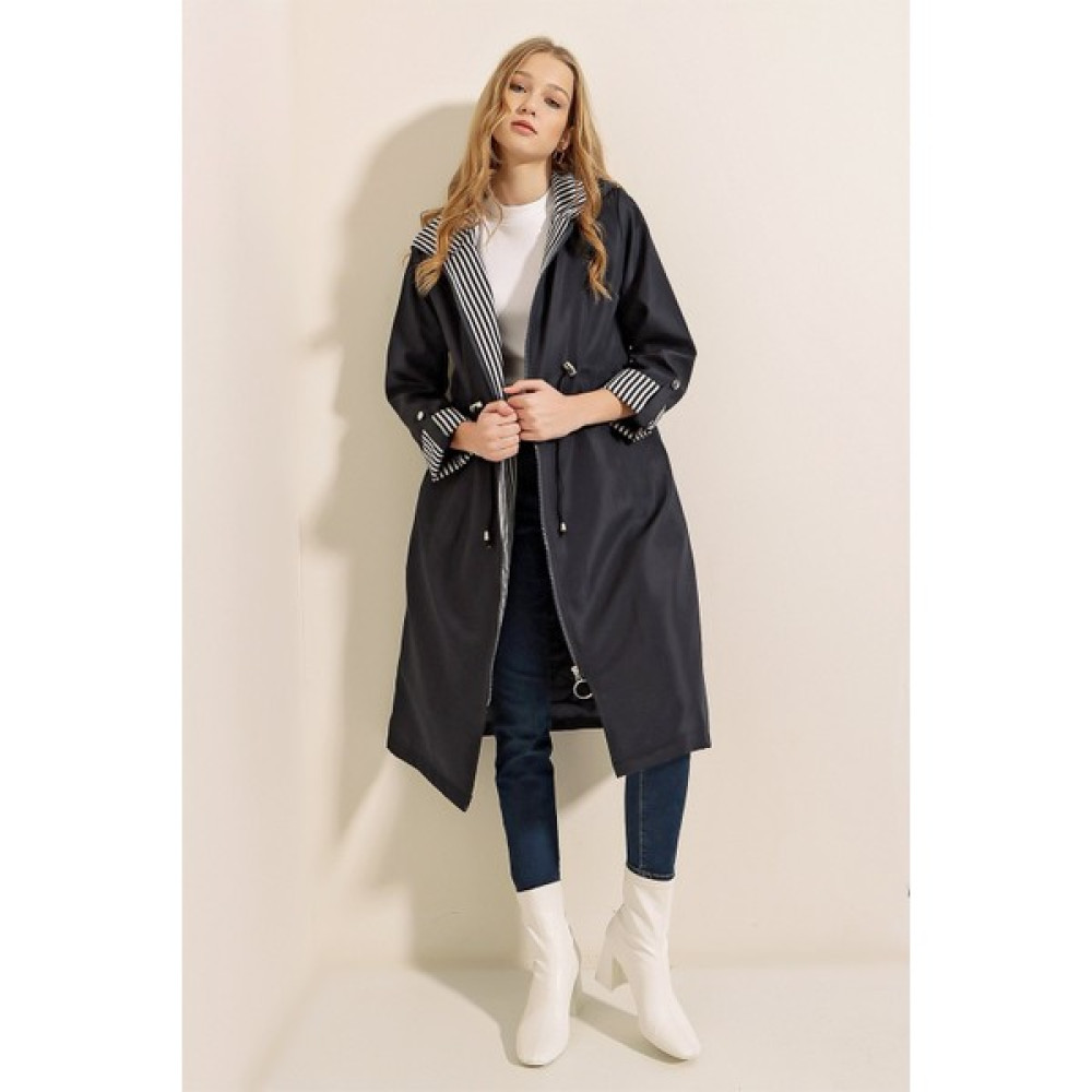 Lacivert Bel Büzgülü Trenchcoat Kadın Trençkot Fiyatı