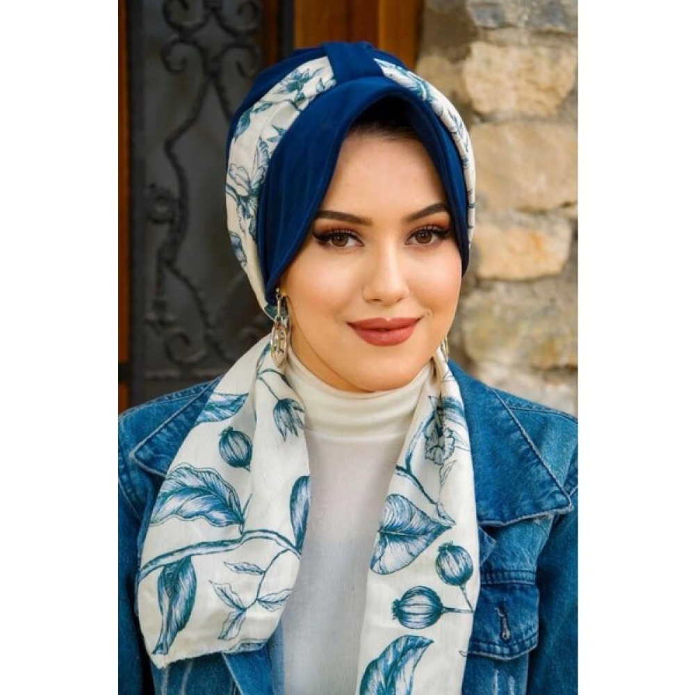 Lacivert Beyaz Yaprak Fularlı Şapka Bone Eşarp Fiyatı