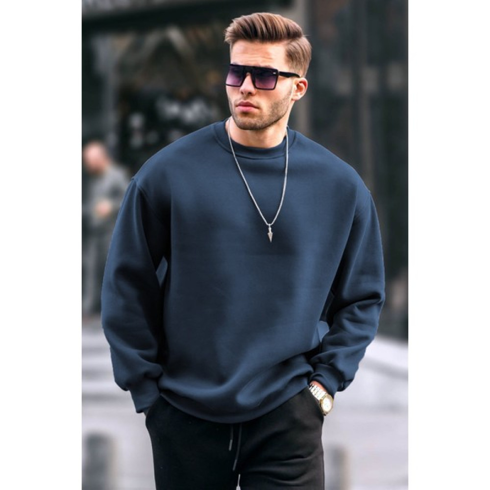 Lacivert Bisiklet Yaka Oversize Şardonlu Basic Erkek Sweatshirt 6048 Erkek Sweatshirt Fiyatı
