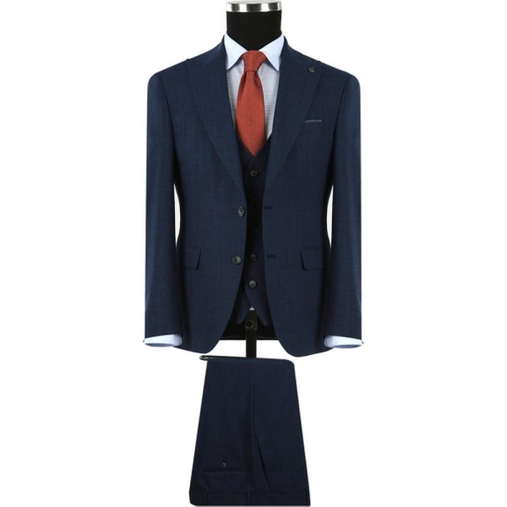 Lacivert Slim Fit Sivri Yaka Erkek Yelekli Takım Elbise Erkek Takım Elbise Fiyatı