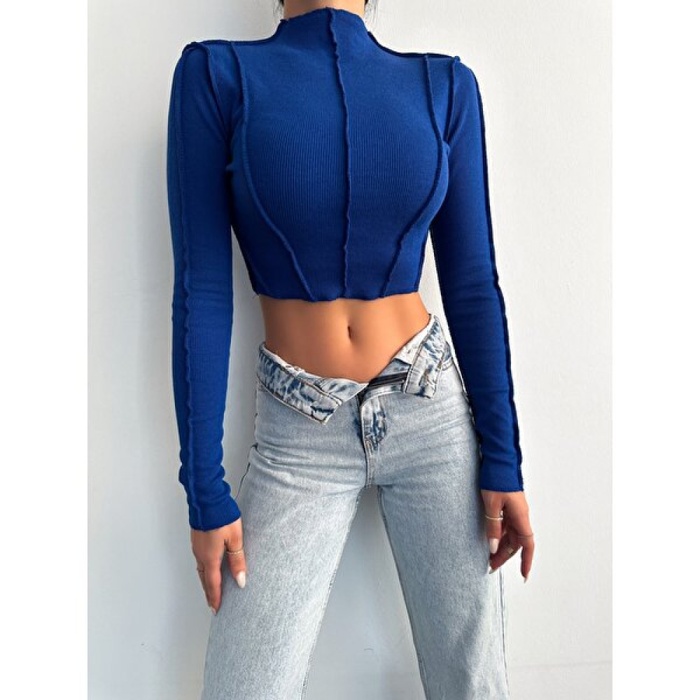 Lacivert Ters Dikiş Detaylı Kadın Crop Bluz Fiyatı