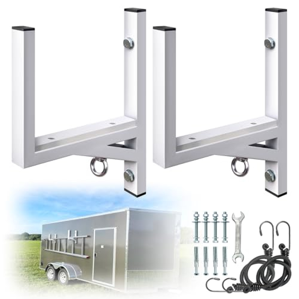Ladder Rack for Trailer,Side Mount Heavy Steel Ladder Rack with Rubber Pad,Bungee Cords,Hook,Fit for Open and Enclosed Trailer Side Wall,Garages,Tool Sheds,Garden,300 LBS Capacity(2 Rack)
