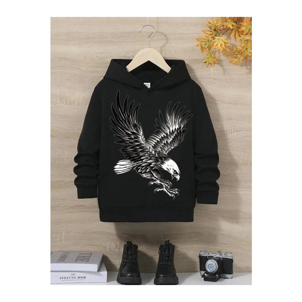 LADDYBUNNY Unisex Kartal Çocuk Siyah Kapşonlu Hoodie Sweat 5-6 Yaş Beden Bayan Sweatshirt Fiyatı