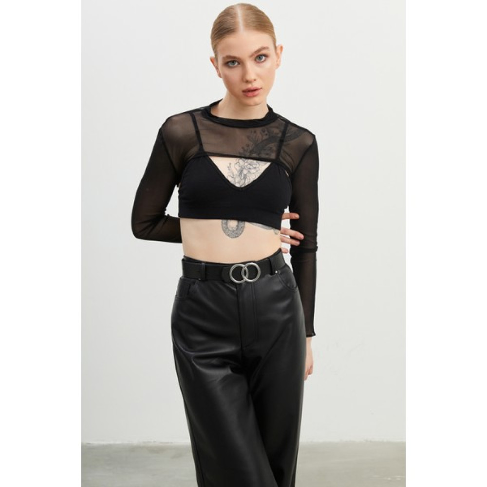 Ladima Kadın Ön Oval Tül Transparan Crop Bluz Bluz Fiyatı