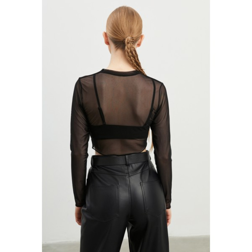Ladima Kadın Siyah Crop Tül Transparan Bluz Bluz Fiyatı
