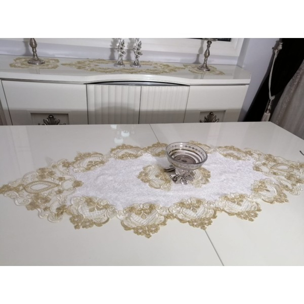 Lady Rio Fransız Dantel 5 Parça Salon Takımı, Runnerli Masa Örtülü Kadife Salon Takımı - Ekru - 70 x 150 cm Masa Örtüsü Fiyatı