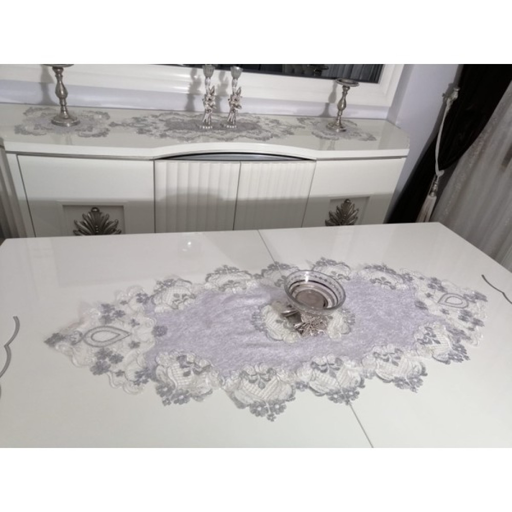 Lady Rio Fransız Dantel 5 Parça Salon Takımı, Runnerli Masa Örtülü Kadife Salon Takımı - Gri - 70 x 150 cm Masa Örtüsü Fiyatı