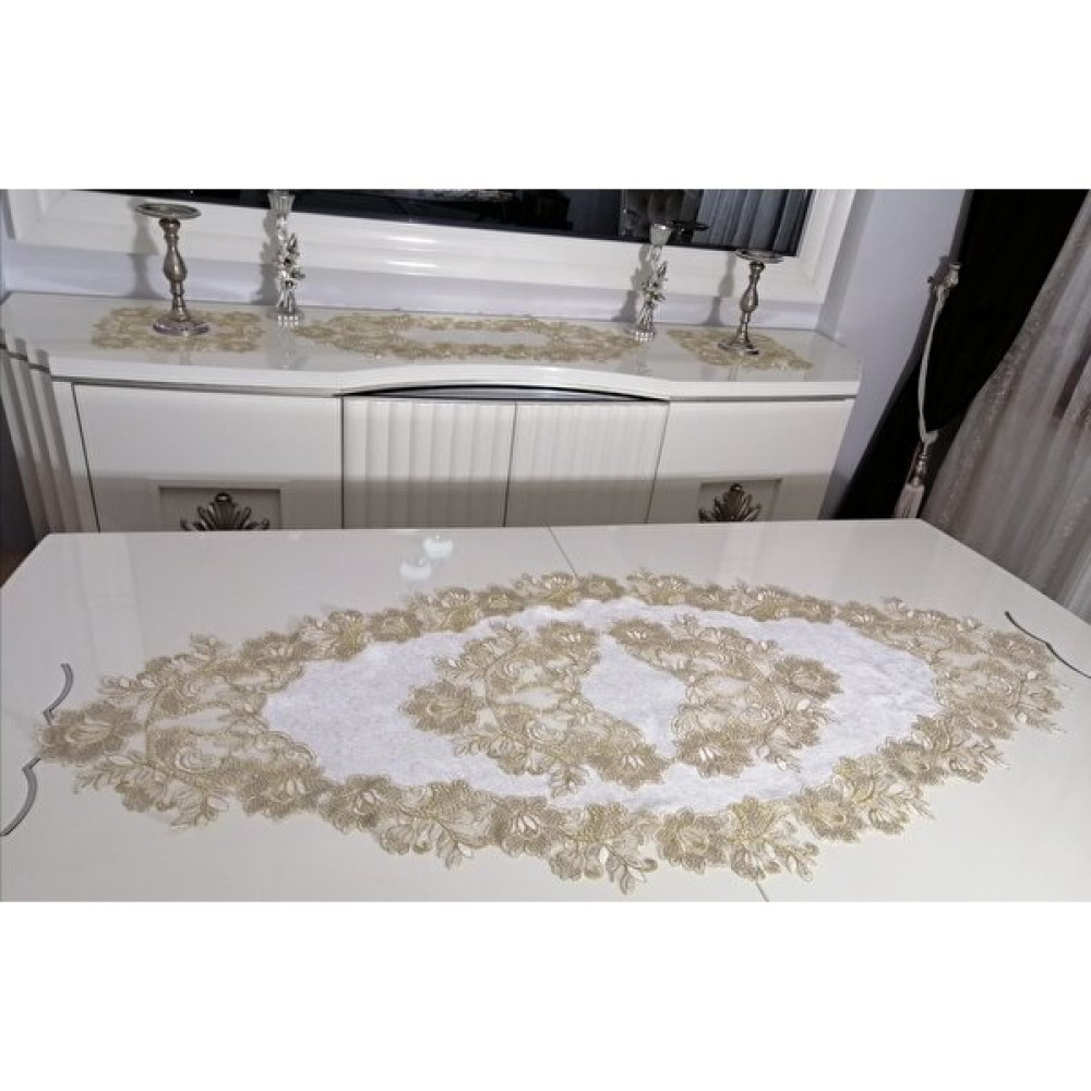 Lady Rio Fransız Dantel 5 Parça Salon Takımı,runnerli Masa Örtülü Rose Model - Ekru - 80 x 150 cm Masa Örtüsü Fiyatı