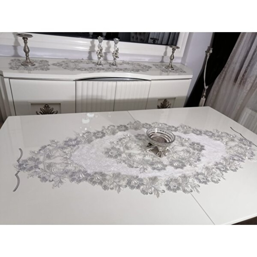 Lady Rio Fransız Dantel 5 Parça Salon Takımı,runnerli Masa Örtülü Rose Model - Gri - 80 x 150 cm Masa Örtüsü Fiyatı