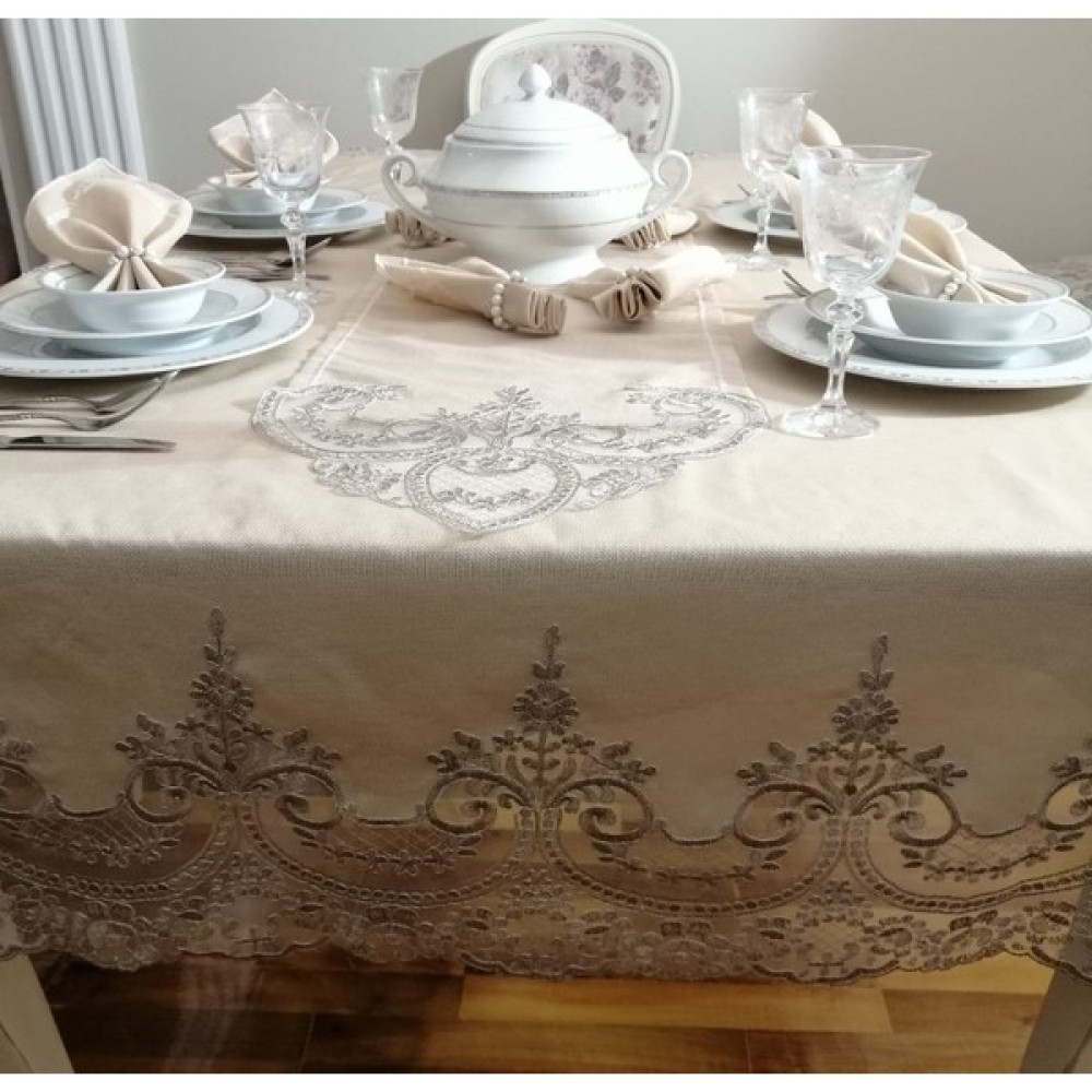 Lady Rio Masa Örtüsü Takımı,fransız Dantelli Masa Örtüsü Takımı,masa Örtüsü Takımı 8 Kişilik - Cappuccino - 160 x 220 cm Masa Örtüsü Fiyatı
