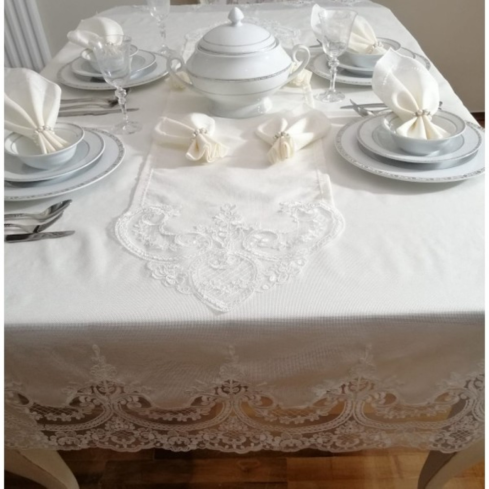 Lady Rio Masa Örtüsü Takımı,fransız Dantelli Masa Örtüsü Takımı,masa Örtüsü Takımı 8 Kişilik - Ekru - 160 x 220 cm Masa Örtüsü Fiyatı