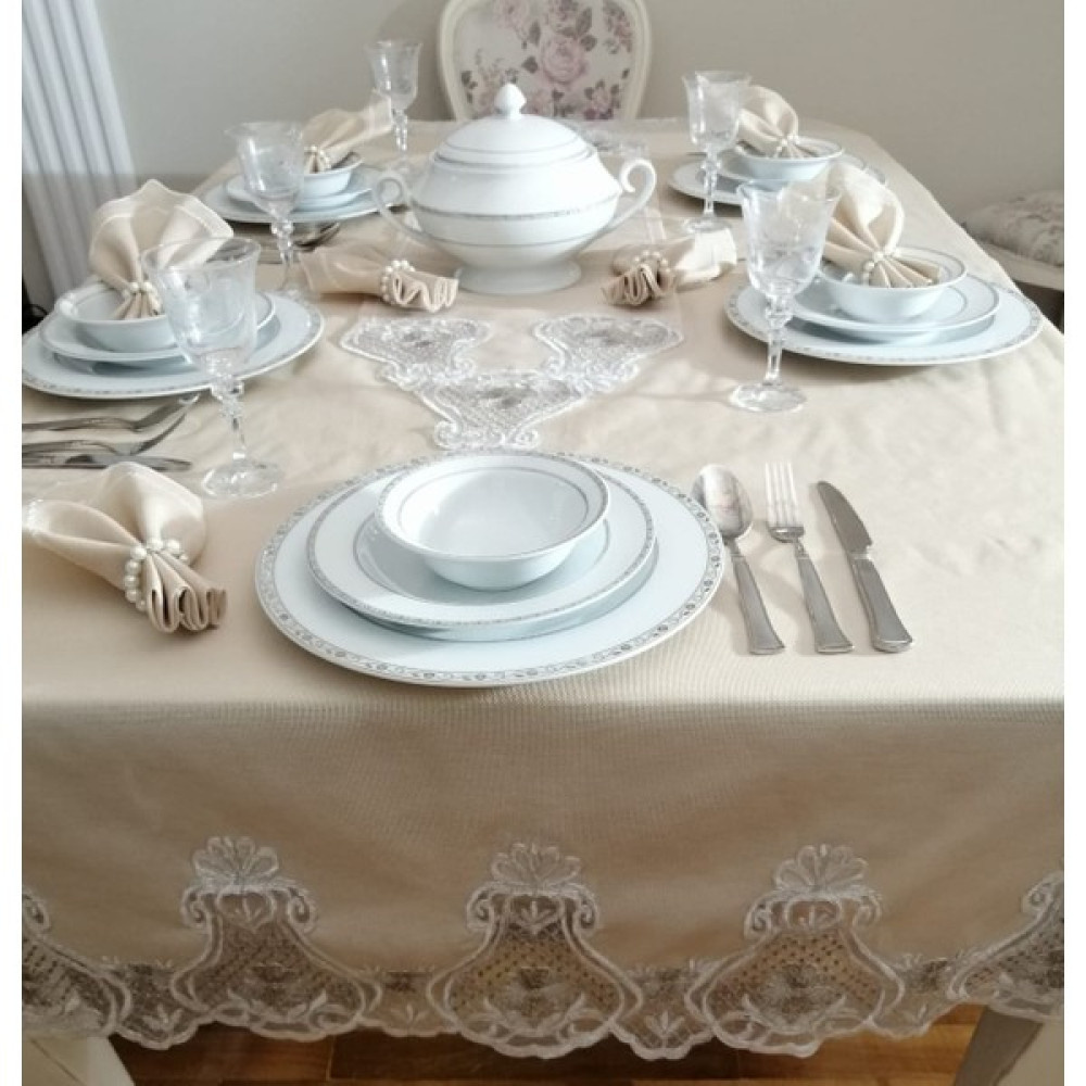 Lady Rio Masa Örtüsü Takımı,fransız Dantelli Masa Örtüsü Takımı,runnerli Masa Örtüsü Takımı,8 Kişilik Masa Örtüsü Takımı - Cappucino - 160 x 220 cm Masa Örtüsü Fiyatı