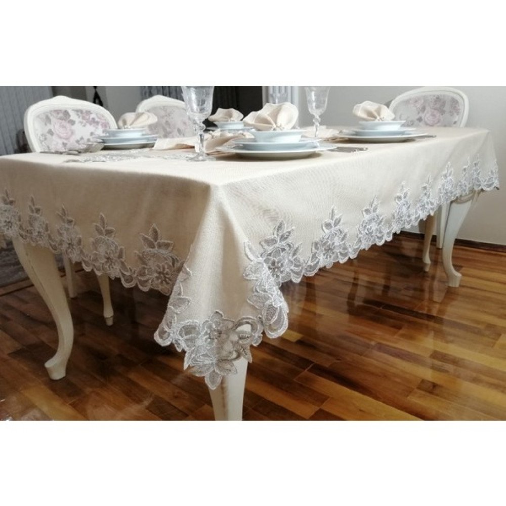 Lady Rio Masa Örtüsü Takımı,fransız Dantelli Masa Örtüsü Takımı,runnerli Masa Örtüsü Takımı,masa Örtüsü Takımı 8 Kişilik - Cappucino - 160 x 220 cm Masa Örtüsü Fiyatı