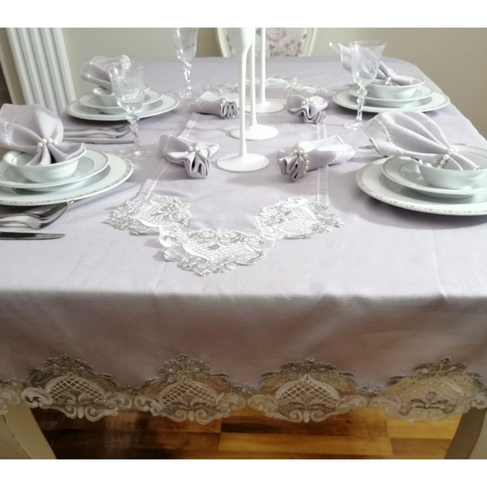 Lady Rio Masa Örtüsü Takımı,fransız Dantelli Masa Örtüsü Takımı,runnerli Masa Örtüsü Takımı,masa Örtüsü Takımı 8 Kişilik - Gri - 160 x 220 cm Masa Örtüsü Fiyatı