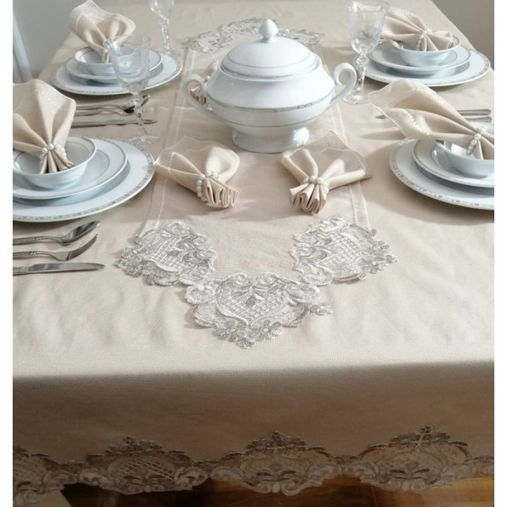 Lady Rio Masa Örtüsü Takımı,fransız Dantelli Masa Örtüsü Takımı,runnerli Masa Örtüsü Takımı,masa Örtüsü Takımı 8 Kişilik - Kahverengi - 160 x 220 cm Masa Örtüsü Fiyatı