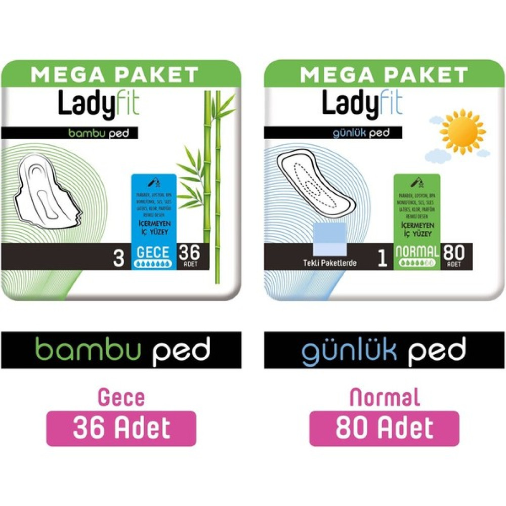 Ladyfit Bambu Ped Mega Gece 36 Adet + Günlük Ped Mega Normal 80 Adet Oto Boyaları Fiyatı