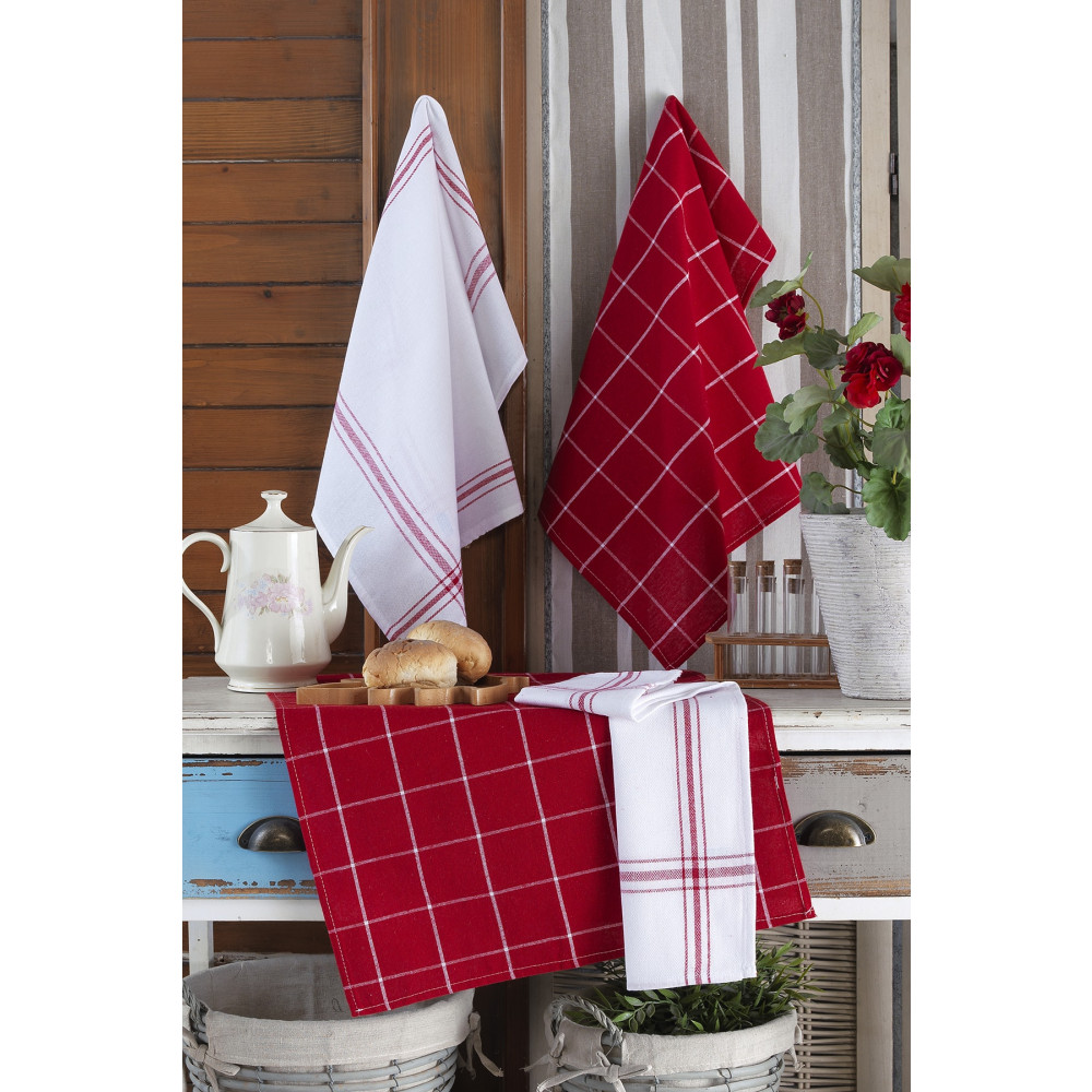 LADYNİL 4lü Mutfak Havlusu Seti & Alman Peçetesi 50x70 Cm % 100 Pamuk Ve Yıkanmış Büyük Kareli Kırmızı Mutfak Havlusu Fiyatı
