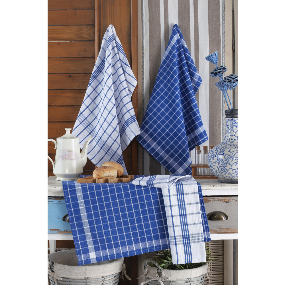 LADYNİL 4lü Mutfak Havlusu Seti & Alman Peçetesi 50x70 Cm % 100 Pamuk Ve Yıkanmış Büyük Kareli Mavi Mutfak Havlusu Fiyatı