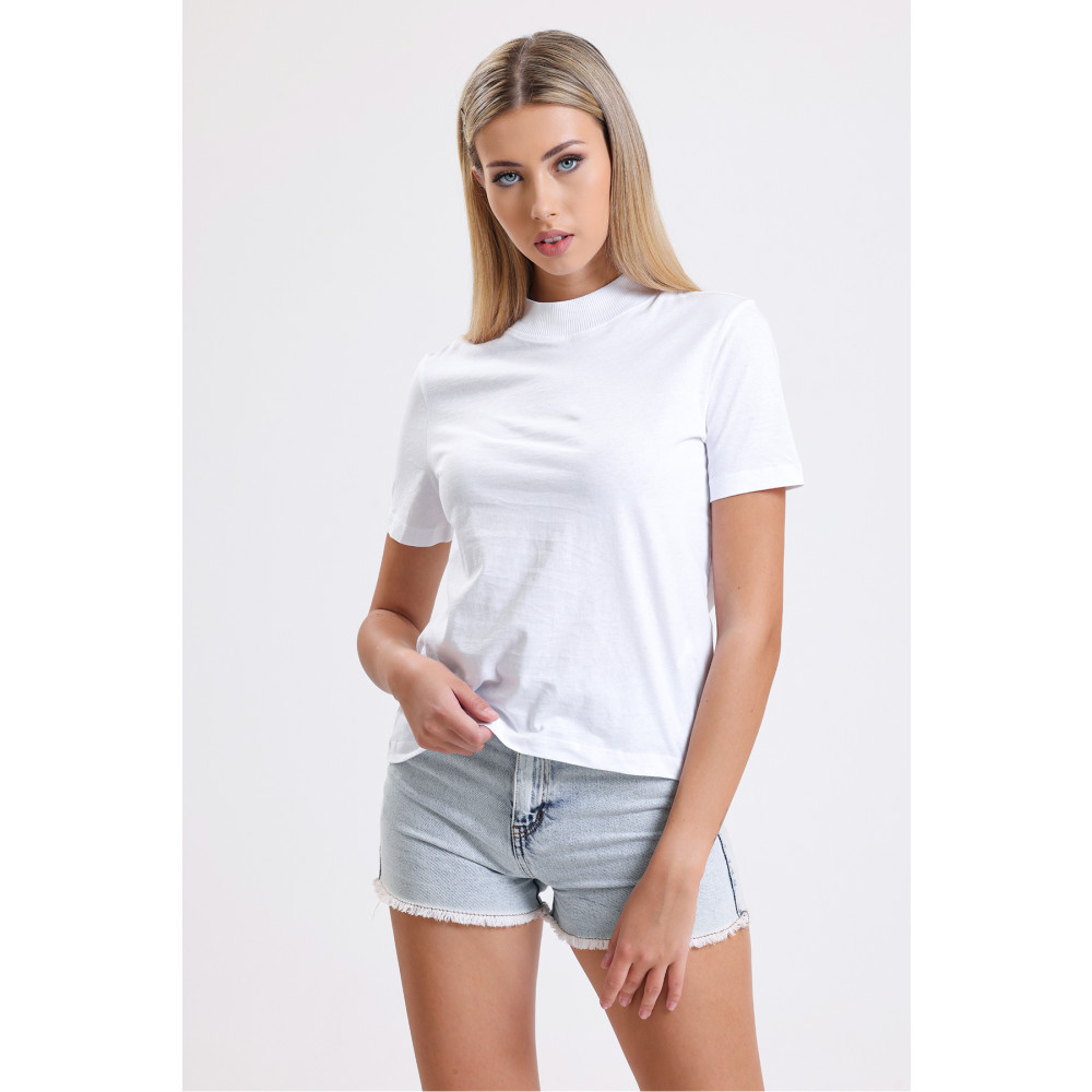 ladyzey Kadın Beyaz Dik Ribana Yaka Kısa Kollu Basic T-shirt S Beden Bayan T-shirt Fiyatı