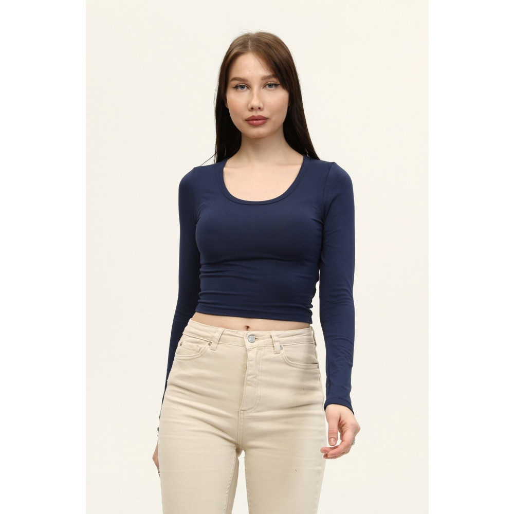 LAENT Kadın Indigo Mavi Bisiklet Yaka Uzun Kollu Crop Bluz L Beden Bluz Fiyatı