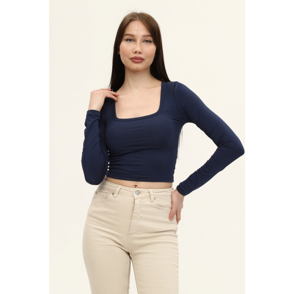 LAENT Kadın Indigo Mavi Kare Yaka Uzun Kollu Crop Bluz M Beden Bluz Fiyatı