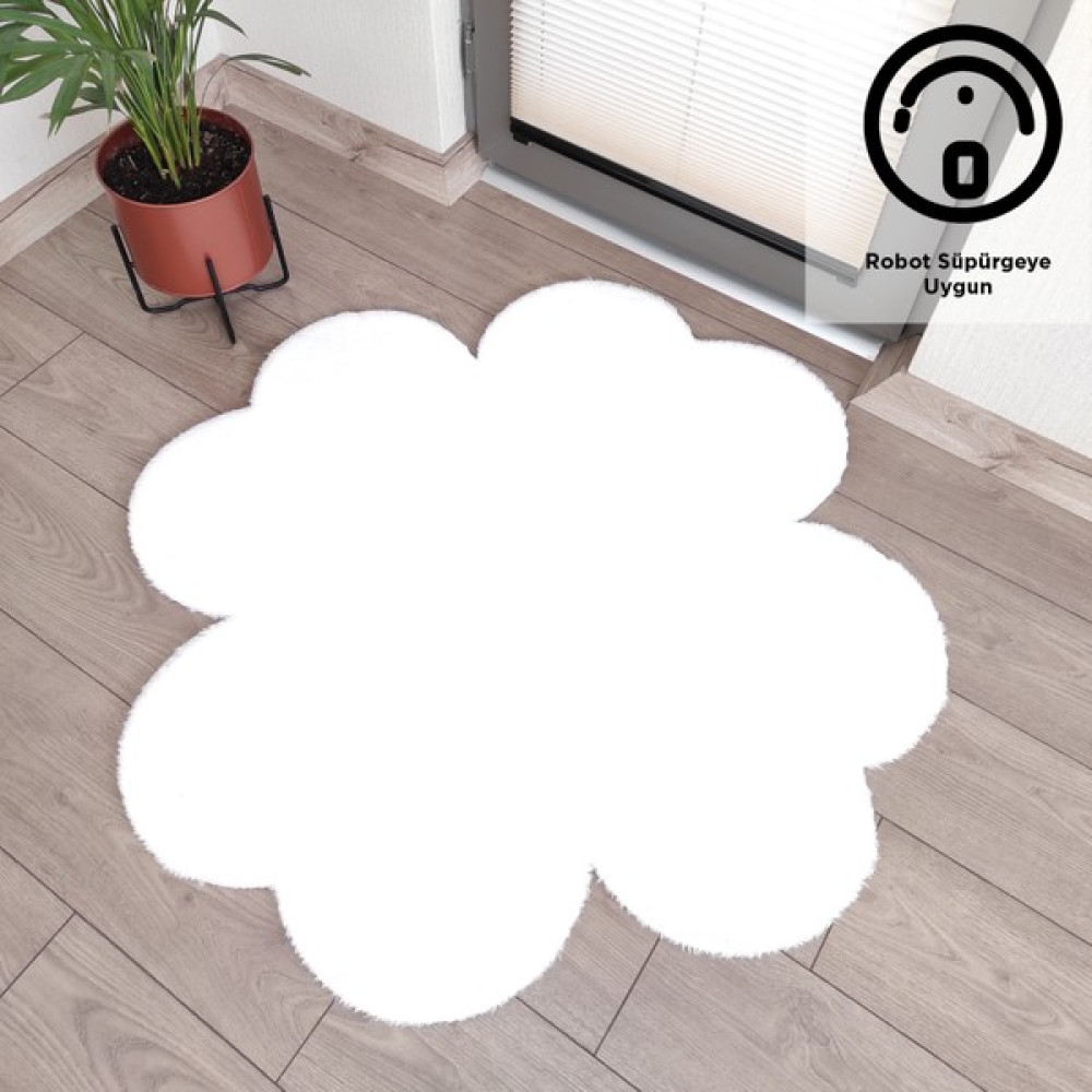 Lagom Life Yonca Peluş Halı Dekoratif Lazer Kesim Peluş Halı Oda Halısı - Beyaz - 80 x 80 cm Salon Halısı Fiyatı
