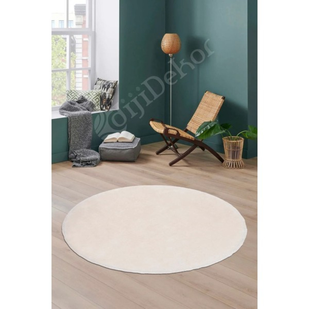 Lagom Life Yuvarlak peluş halı pofuduk puffy kaymaz taban - Krem - 80 x 80 cm Salon Halısı Fiyatı