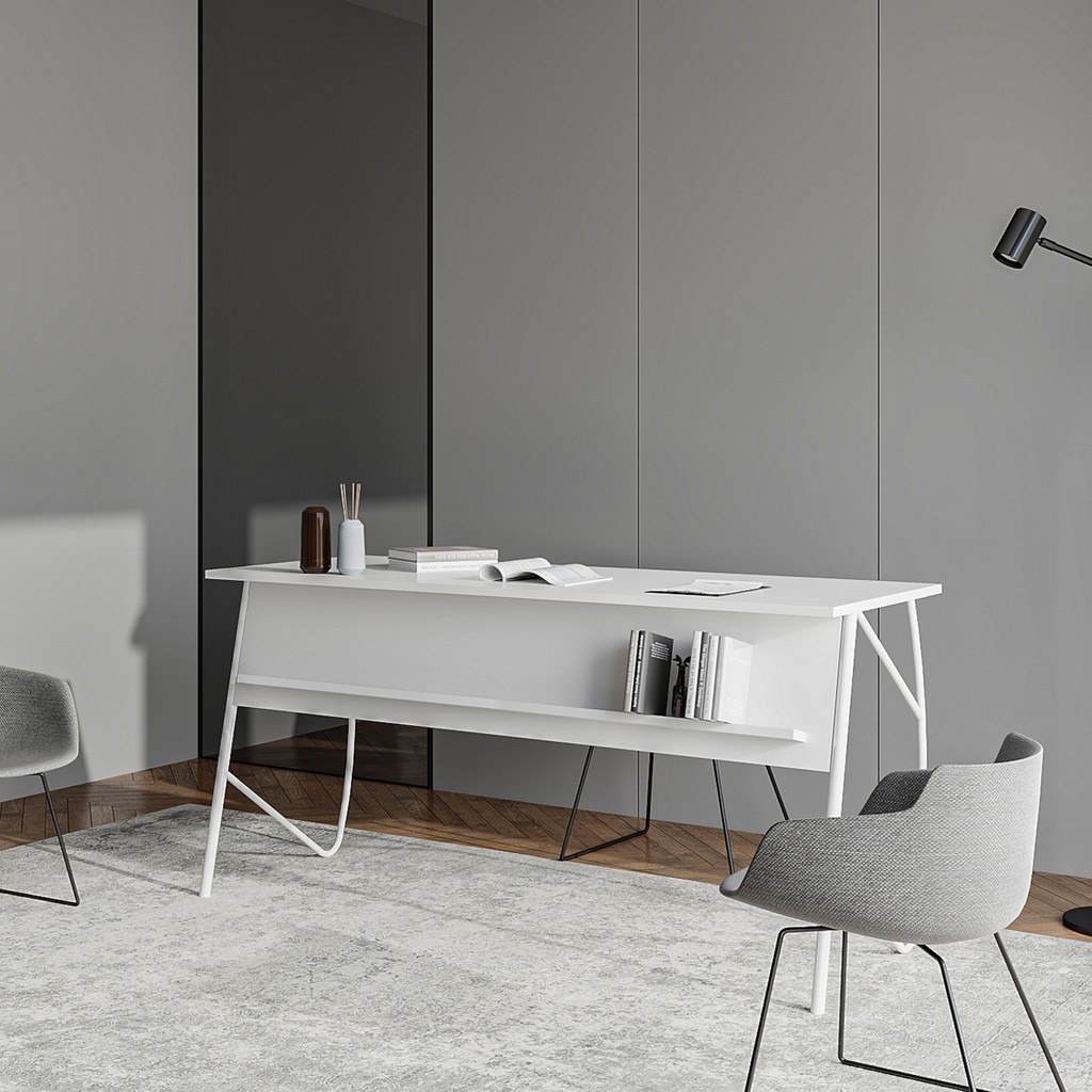 Lagomood Ella Ofis Masası Beyaz 150 cm Metal Ayaklı Ergonomik Tasarım Modern Stil Ofis Çalışma Masası Fiyatı