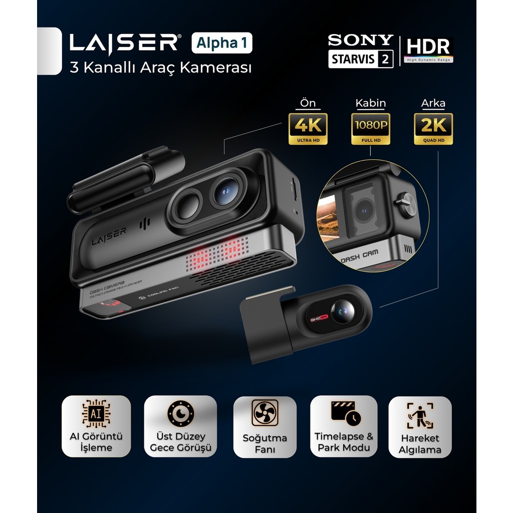 Laiser Alpha 1 4K Araç Içi Kamera 3 Kanallı | Sony IMX678 | Gps + Wi-Fi + Park Modu | Ön-Iç-Arka Diğer Fiyatı