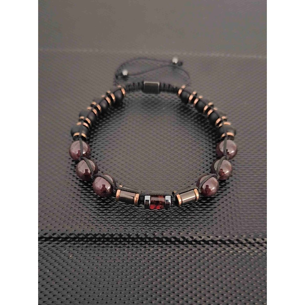Lal Garnet-Damla Kehribar-Mat Oniks Doğaltaş Bileklik Takı Aksesuar - 18-19 cm - Bordo Diğer Fiyatı