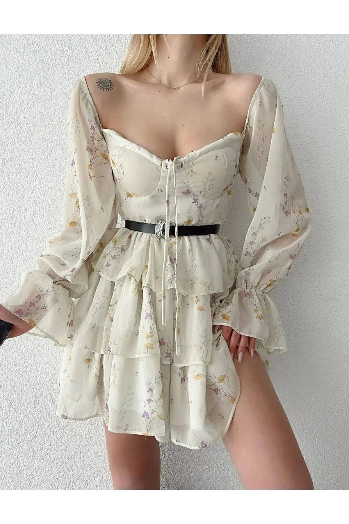 Laleli Butik Kadın Bej Çicek Desenli Kısa Elbise L Beden" Elbise Fiyatı