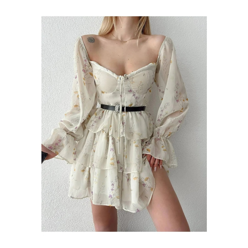 Laleli Butik Kadın Bej Çicek Desenli Kısa Elbise M Beden Elbise Fiyatı