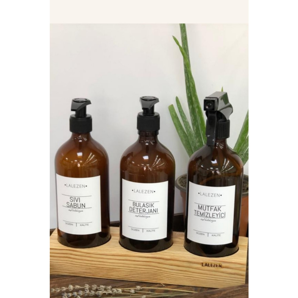 LALEZEN 3lü Ahşap Standlı Sıvı Sabun Bulaşık Deterjanı Mutfak Temizleyici Beyaz Etiketli Amber 500ml Sabunluk Fiyatı