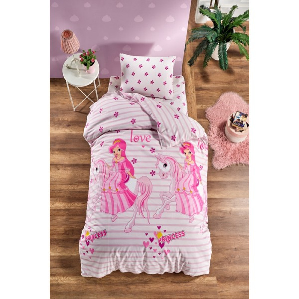 Laliva Çarşafı Lastikli Atlı Prenses Tek Kişilik Ranforce Nevresim Takımı - 160 x 220 cm - Beyaz - Pembe Nevresim Takımı Fiyatı