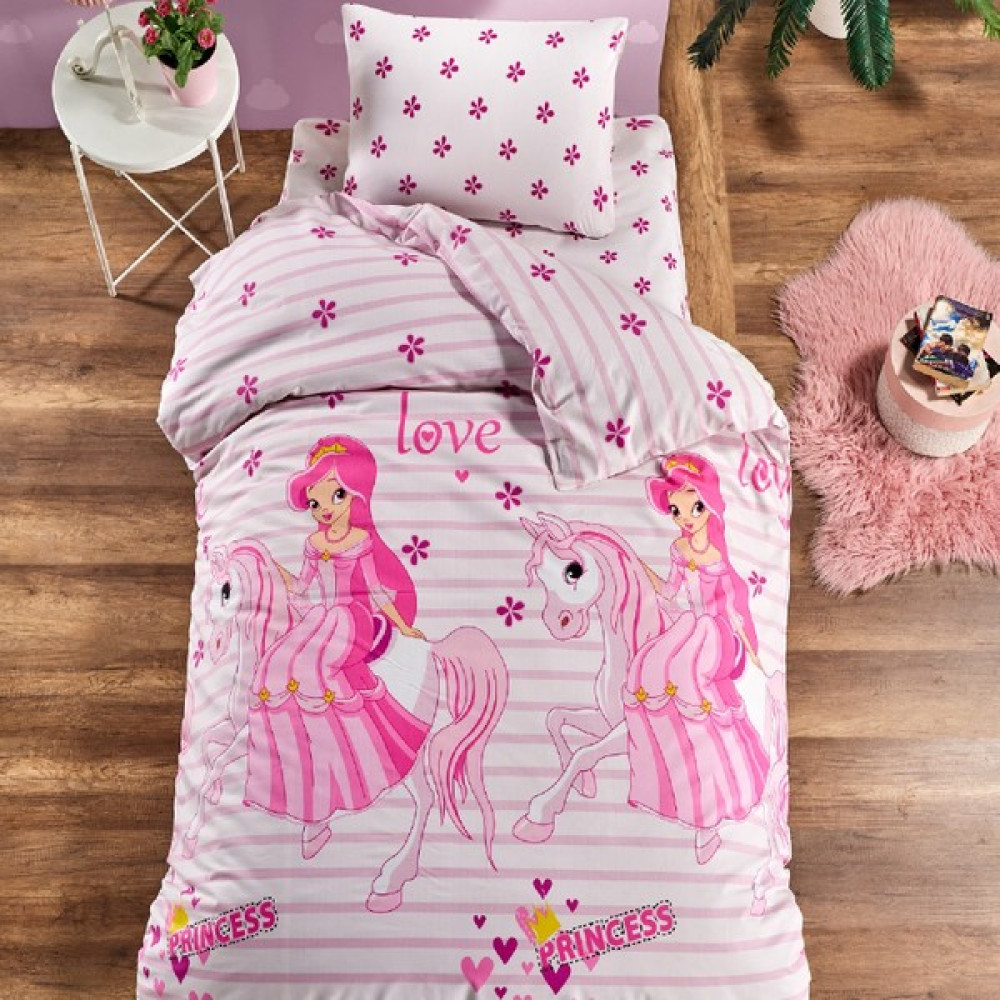 Laliva Çarşafı lastikli Doğal Sağlıklı Pamuk Atlı Prenses Tek Kişilik Çocuk Nevresim Takımı - 160 x 220 cm - Açık Pembe Bebek Nevresim Takımı Fiyatı