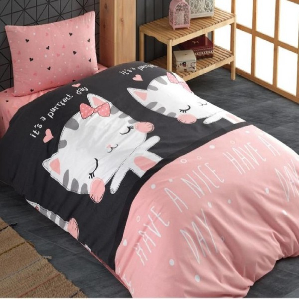 Laliva Çarşafı Lastkli Kedili Çocuk Nevresim Takımı Tek Kişilik Ranforce - Pembe - 160 x 220 cm Bebek Nevresim Takımı Fiyatı