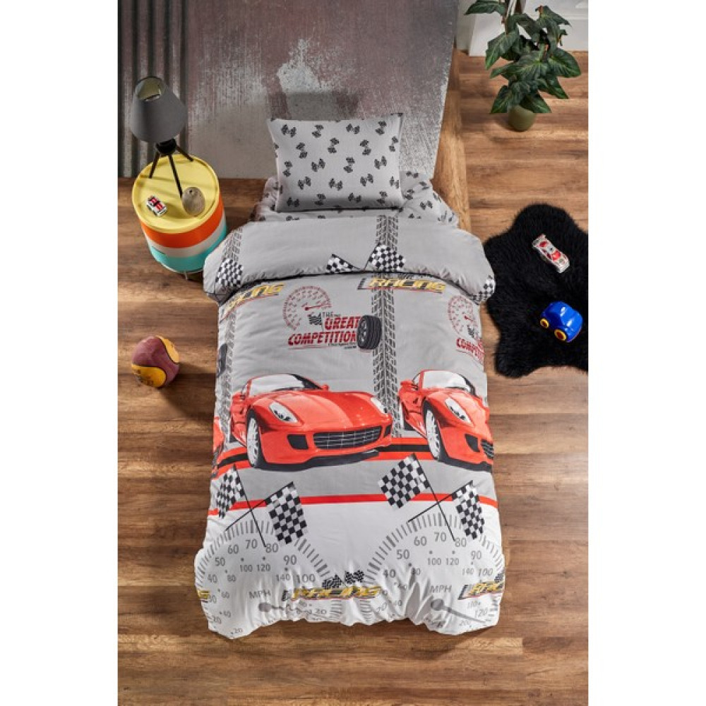 Laliva Ralli Arabalı Gri Tek Kişilik Çocuk Nevresim Takımı - Gri - Siyah - 160 x 220 cm Nevresim Takımı Fiyatı
