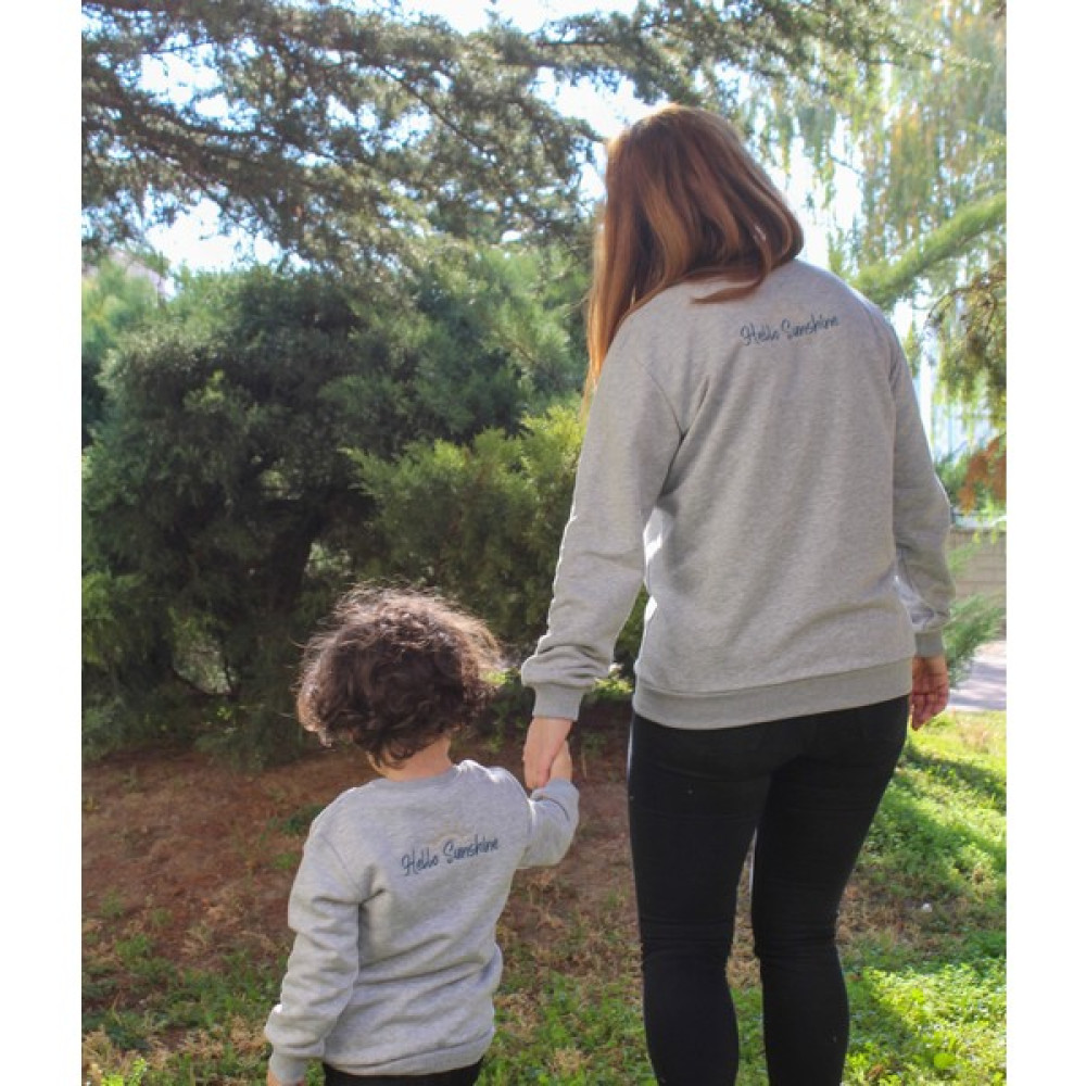 LaLoom Organics Anne & Bebek Set Gri Melanj Sweatshirt | 3 Iplik Nakışlı Sweatshirt | Hello Sunshine Bebek Sweat Shirt Fiyatı