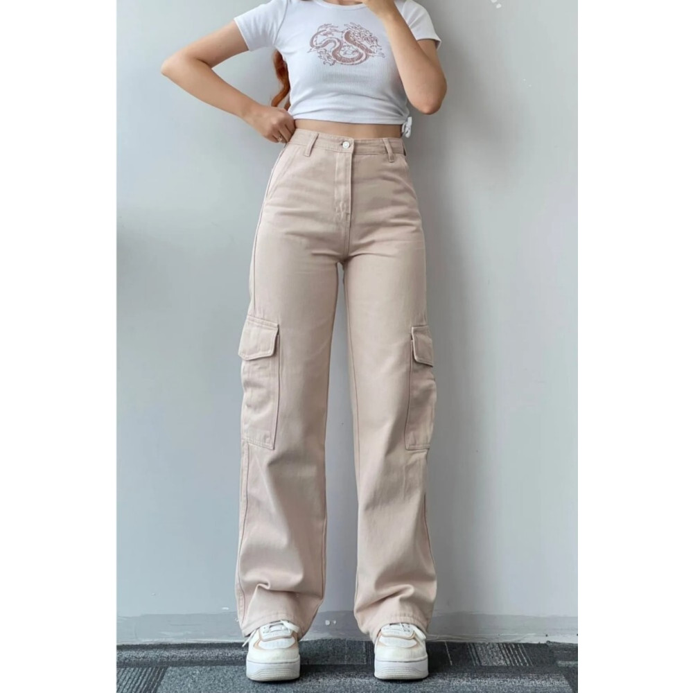 Lalove Kadın Kargo Cep Palazzo Wide Leg Bej 28 Beden Kadın Pantolon Fiyatı