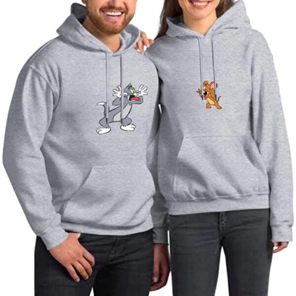 Laluvia Gri Kadın-Erkek Oversize Ikili Tom ve Jerry Baskılı Kapüşonlu Sweatshirt Bayan Sweatshirt Fiyatı