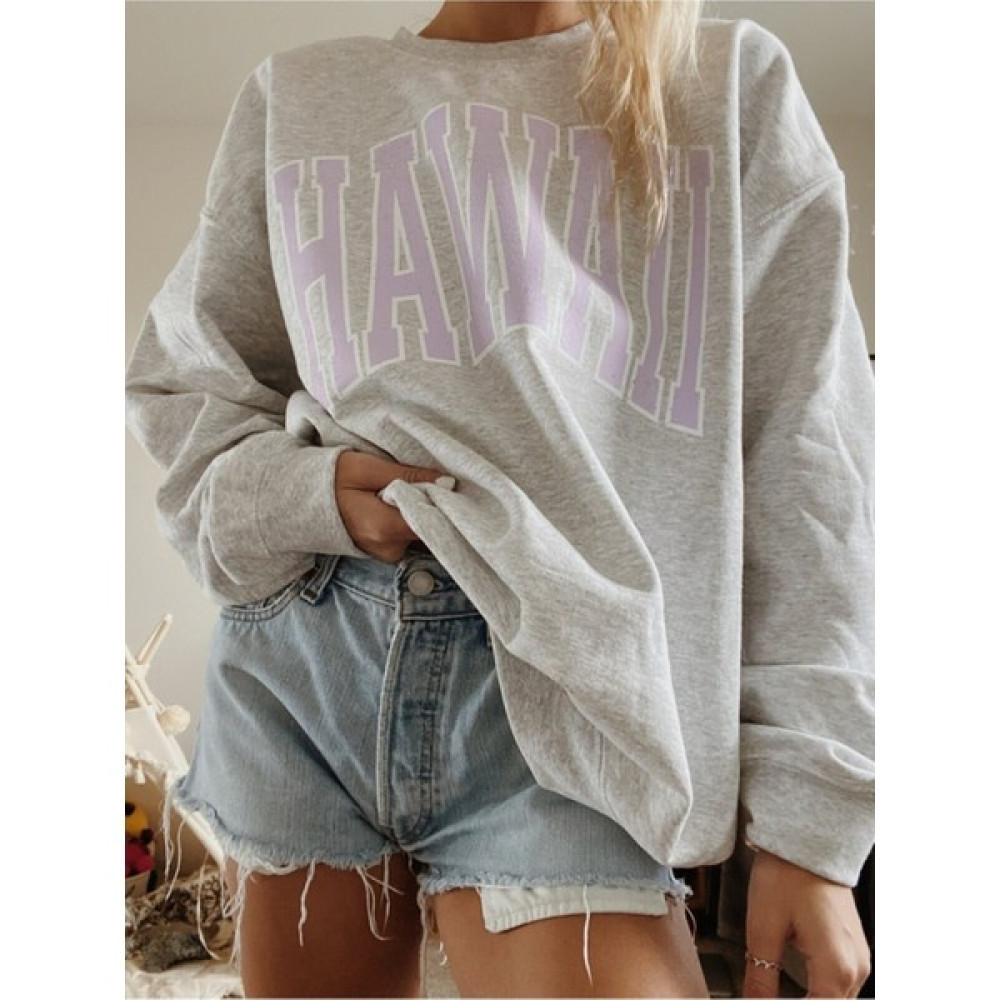 Laluvia Kadın Gri Hawaii Baskılı Oversize Sweatshirt Bayan Sweatshirt Fiyatı