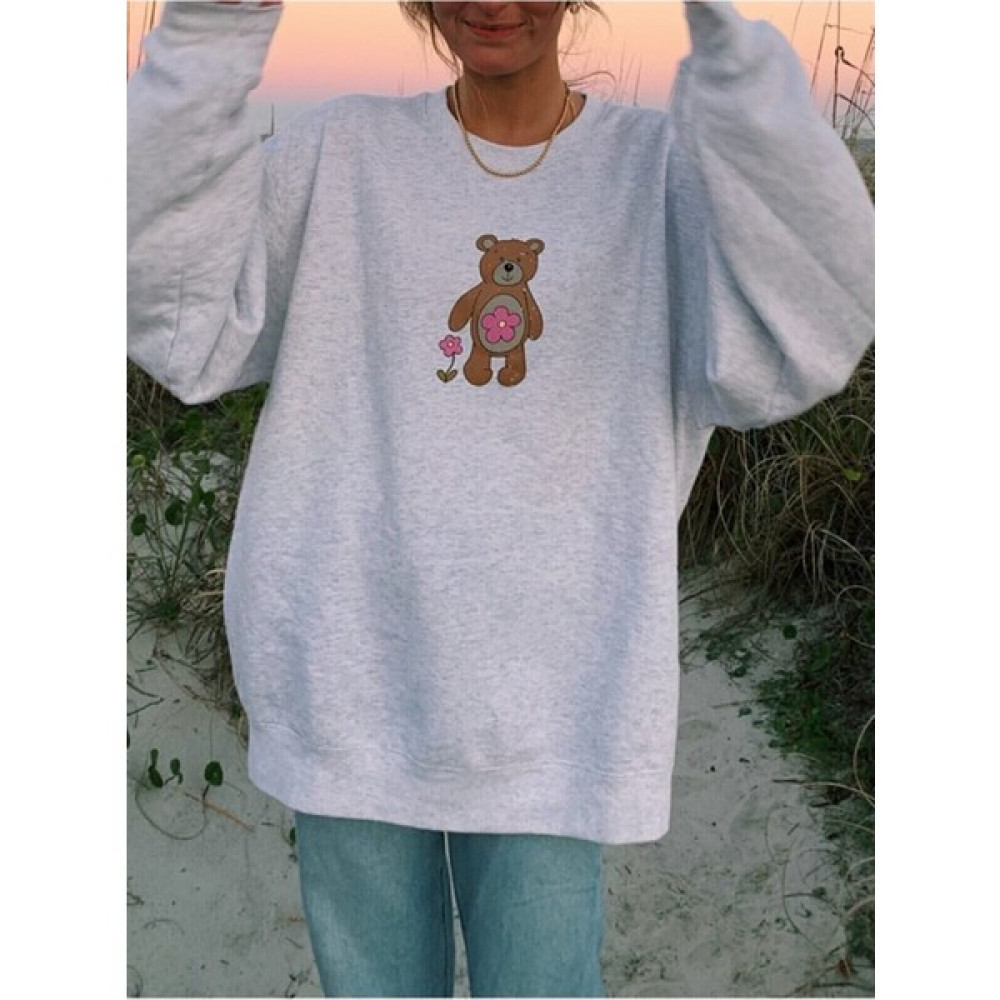 Laluvia Kadın Gri Teddy Baskılı Oversize Sweatshirt Bayan Sweatshirt Fiyatı
